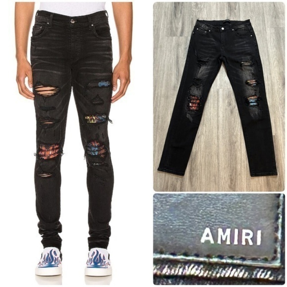 AMIRI MX1 Vintage Tee Animation Black Jeans with Patches & Distressed Detailing